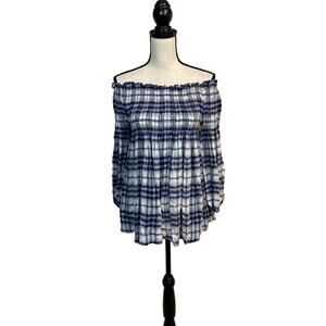 Altar’d State Off the Shoulder Smocked Plaid Babydoll Top Size Small